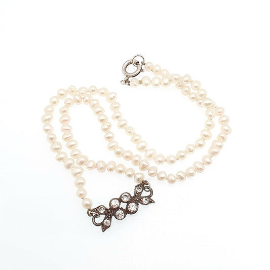 Antique Diamond Paste Freshwater Pearl Necklace Solid Silver Centre Choker Victorian Upcycled Restored Genuine Pearls Vintage Jewelry