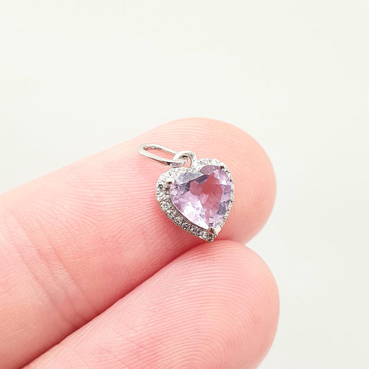 Vintage 9ct 9k White Gold Amethyst Heart Pendant Diamond Border Necklace Cute Small Petite Tiny Solid 375 Gemstone Womens Jewellery Jewelry