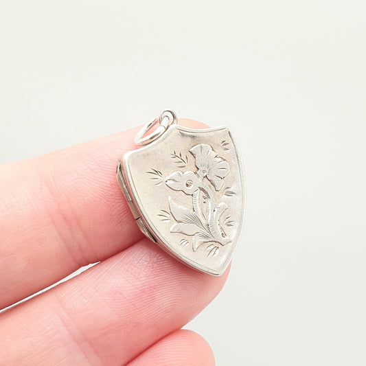 Antique Sterling Silver Shield Locket Necklace 1887 Hallmarked Pendant Victorian Flower Floral Vintage Womens Ladies Jewelry Jewellery