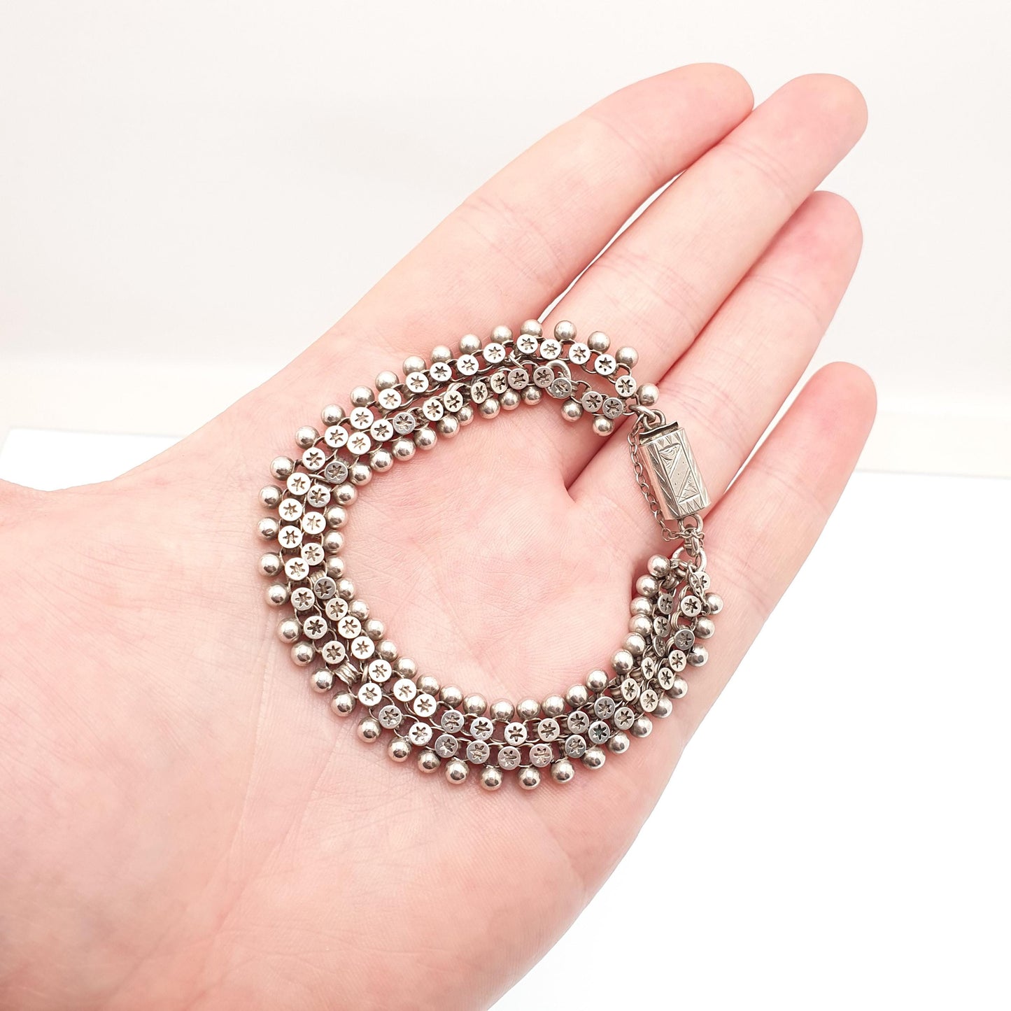 Antique Victorian Solid Silver Bracelet Star Pierced Belcher Chain Rolo Links Vintage Albertina Book Chain Vintage Womens Jewellery Jewelry