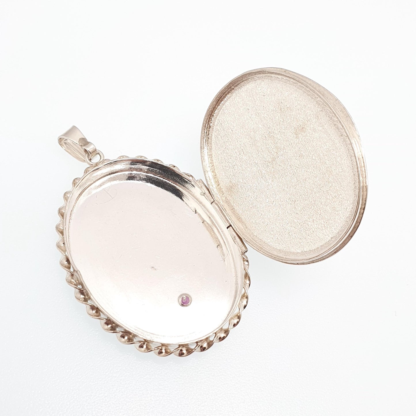 Vintage Sterling Silver Ruby Locket Pendant Necklace Large Oval Flower Gold Highlight Hallmarked Gemstone Picture Photo Jewelry Jewellery