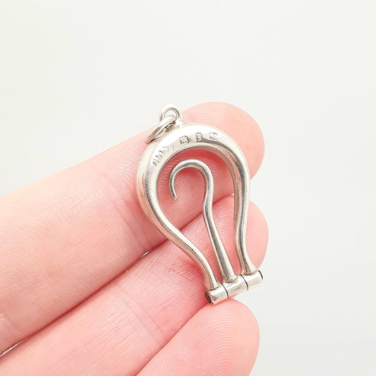 Antique Sterling Silver Button Hook Pendant Lyre Shape Necklace Folding Victorian Buttons 1899 Hallmark Sewing Vintage Jewelry Jewellery