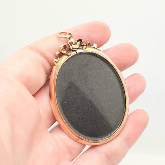 Antique 9ct 375 Gold Locket Pendant Very Large Big Bow Top Necklace Double Sided Huge Photo Picture Solid 9k Vintage Oval Jewelry Jewellery
