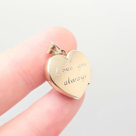 Vintage Solid 9k 375 Gold Heart Locket LOVE YOU ALWAYS All 9ct 9 Carat Small Necklace Cute Photo Picture Pendant Womens Jewelry Jewellery