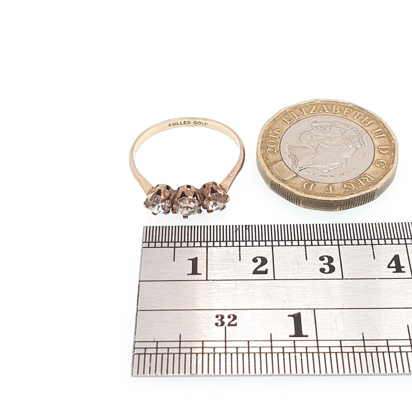 Antique Diamond Paste Rolled Gold Ring Trilogy Victorian Three Stone Tri Filled Old Cut Foiled Glass Vintage Ladies Womens Jewelry Jewellery