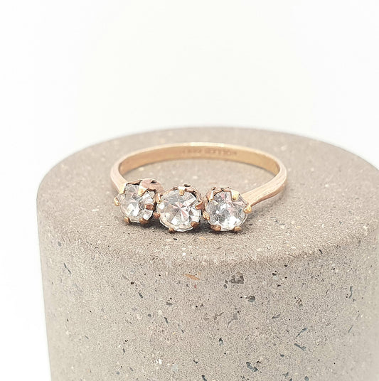 Antique Diamond Paste Rolled Gold Ring Trilogy Victorian Three Stone Tri Filled Old Cut Foiled Glass Vintage Ladies Womens Jewelry Jewellery