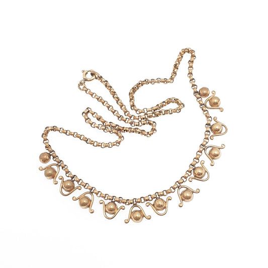 Antique Victorian Rolled Gold Necklace Festoon Style Bead and Wave 41cm 16.1" 9.31g Collar 1800s Old Vintage Womens Jewelry Jewellery