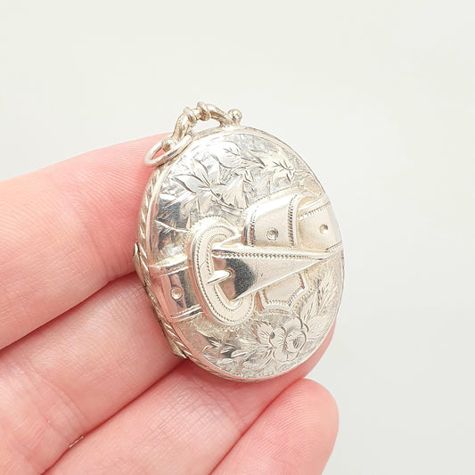Antique Victorian Solid Silver Locket Belt Buckle Hand Engraved Cute Oval Pendant Necklace Sweetheart Gift Womens Jewelry Vintage Jewellery