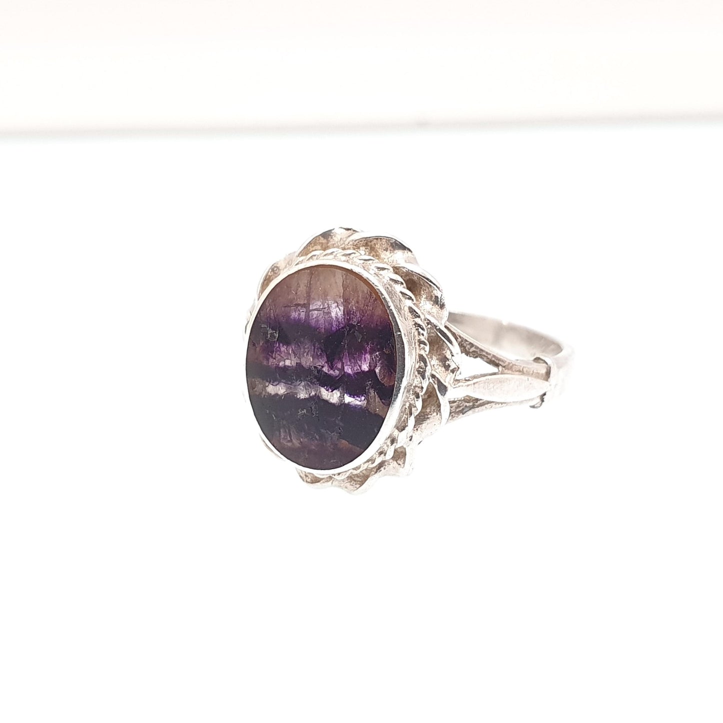 Vintage Blue John Sterling Silver Ring Signet Cabochon Oval Fluorite Bleu Jaune Womens Ladies Retro Oval Rare Gemstone Jewelry Jewellery