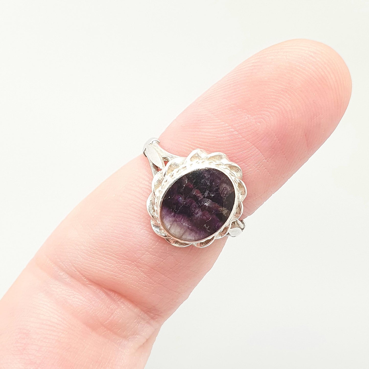 Vintage Blue John Sterling Silver Ring Signet Cabochon Oval Fluorite Bleu Jaune Womens Ladies Retro Oval Rare Gemstone Jewelry Jewellery