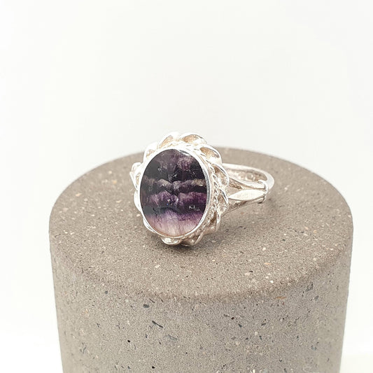 Vintage Blue John Sterling Silver Ring Signet Cabochon Oval Fluorite Bleu Jaune Womens Ladies Retro Oval Rare Gemstone Jewelry Jewellery