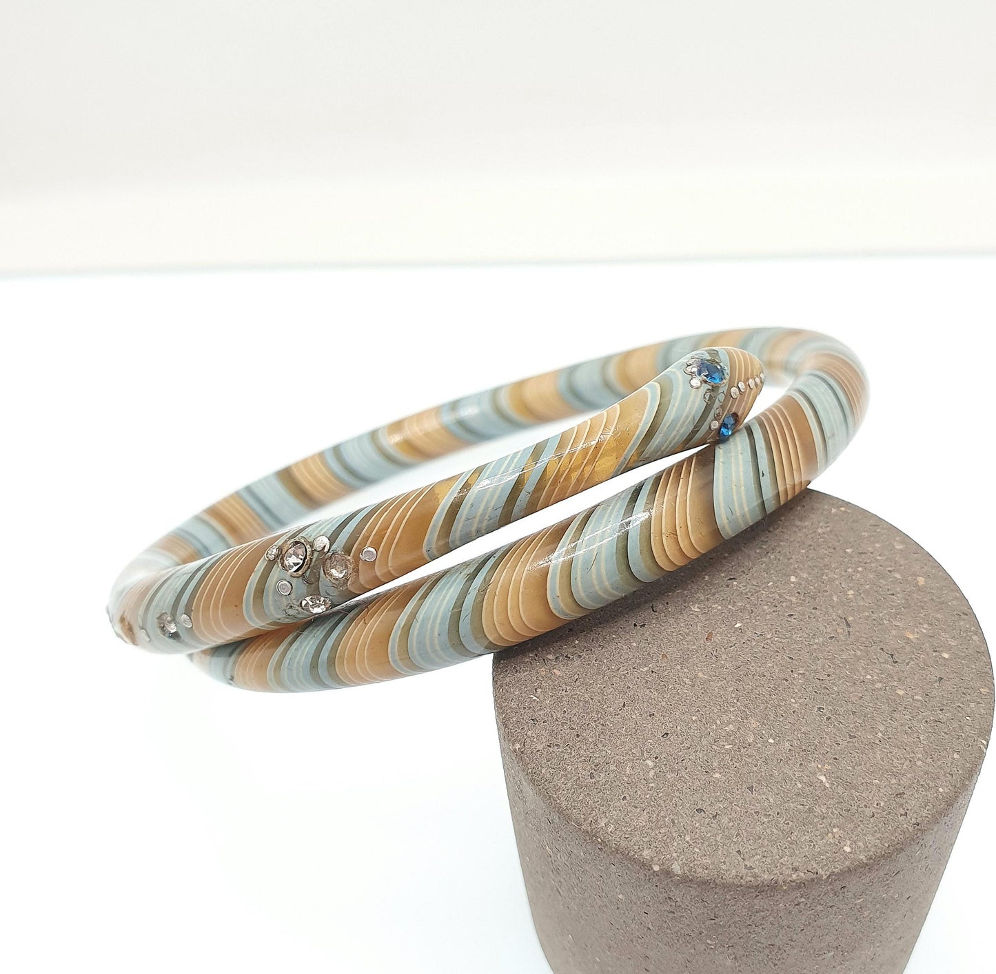 Antique Snake Slave Bangle Bracelet Art Deco Spiral Early Plastic Diamond Paste Green Blue Murano Style Serpent Vintage Jewellery Jewelry