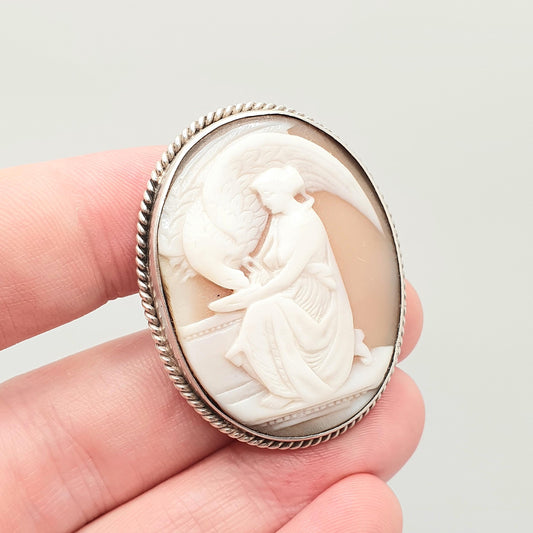 Antique Victorian Hebe Eagle Cameo Solid Silver Brooch Hand Carved Bird Genuine Shell Womens Jewelry Jewellery Vintage 1800s