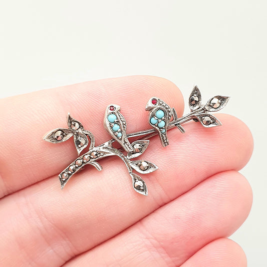 Antique Sterling Silver Bird Brooch Pair of Songbirds Faux Turquoise Marcasite Swallows Art Deco Cute Birds Vintage Ladies Womens Jewelry