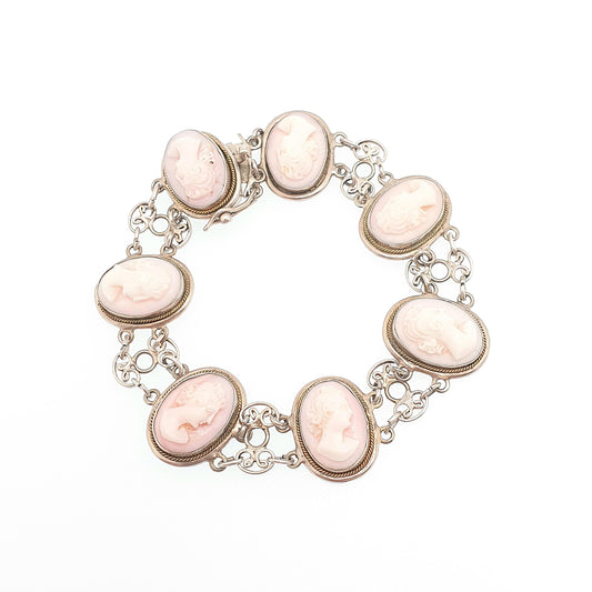 Antique Solid Silver Pink Cameo Bracelet Art Deco Vintage Conch Shell Oval Hand Carved Handmade Artisan Womens Italian Jewelry Jewellery