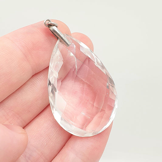 Antique Rock Crystal Quartz Solid Silver Pendant Necklace Art Deco Large Big Faceted 1920s Gemstone Clear Style Womens Jewelry Jewellery