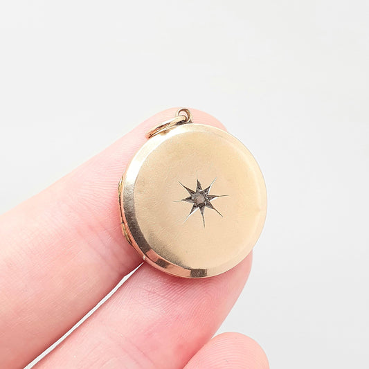 Antique 15ct Gold Diamond Locket Pendant Star Pattern Round Circle Solid 625 15k Fine Estate Back & Front Necklace Jewelry Womens Jewellery