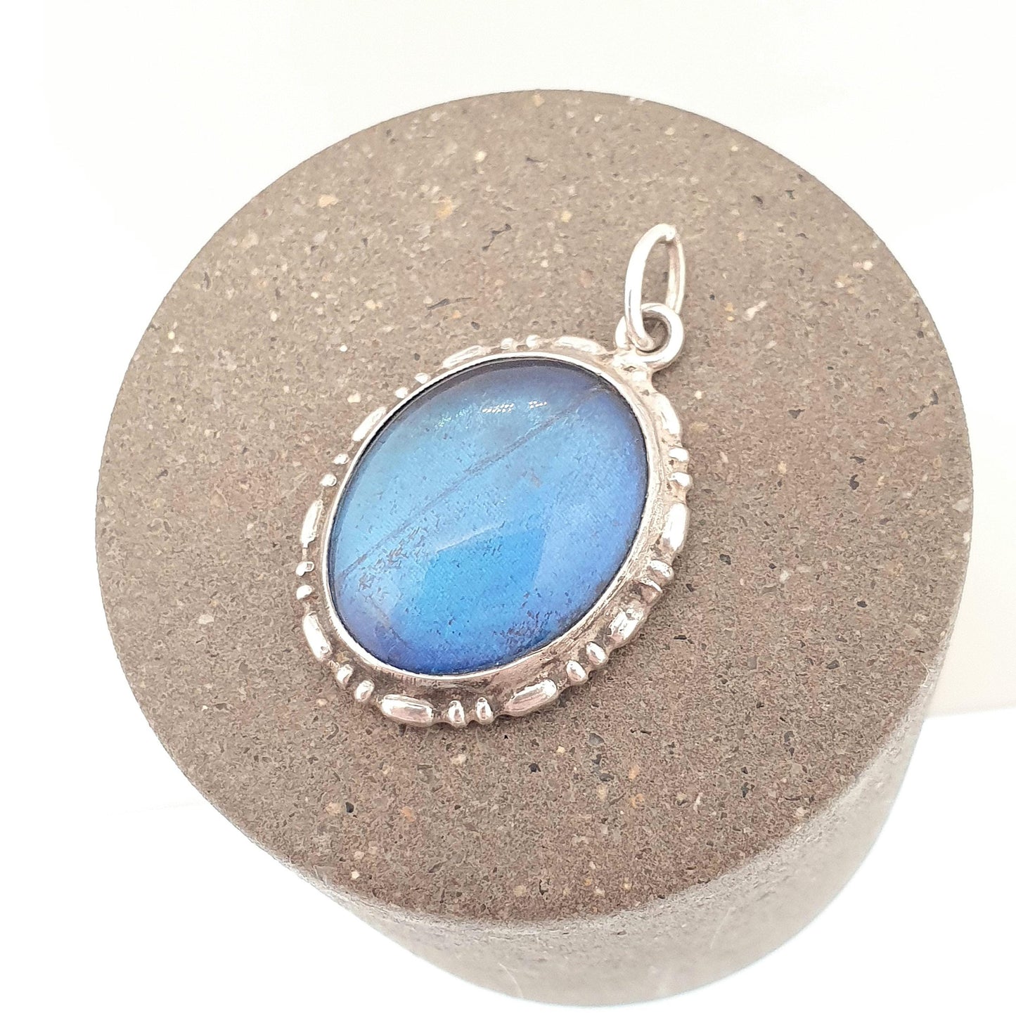 Antique Sterling Silver Butterfly Wing Necklace Pendant Art Deco Oval Genuine Vintage 1920s Blue Bug Fly Insect Jewelry Jewellery Womens