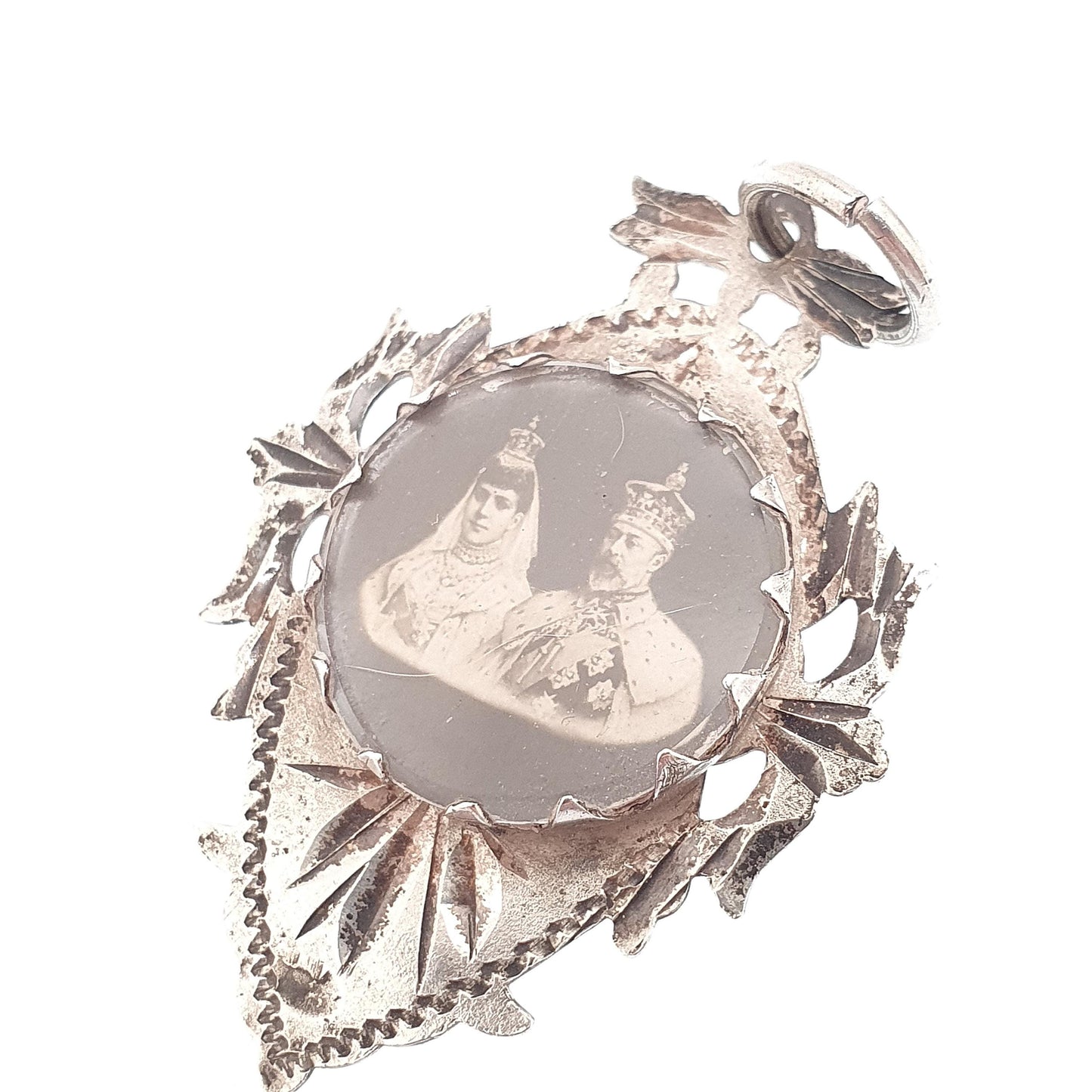 Antique Sterling Silver Kind Edward VII Albert Fob Pendant Queen Alexandra Denmark Coronation Picture Photo Necklace Jewelry Jewellery