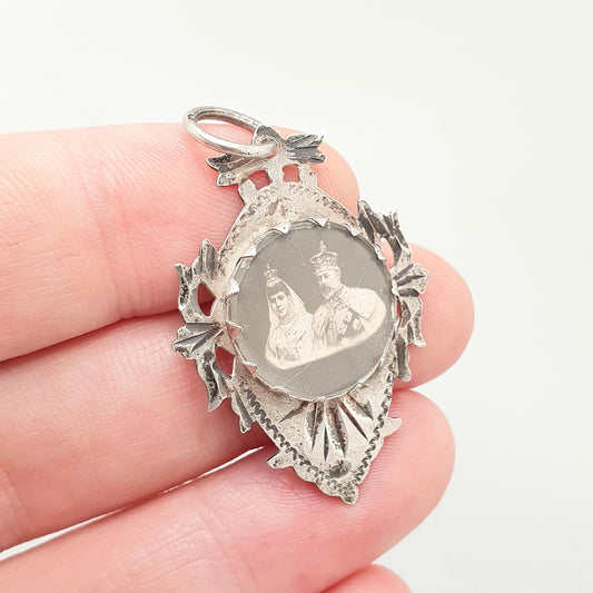 Antique Sterling Silver Kind Edward VII Albert Fob Pendant Queen Alexandra Denmark Coronation Picture Photo Necklace Jewelry Jewellery