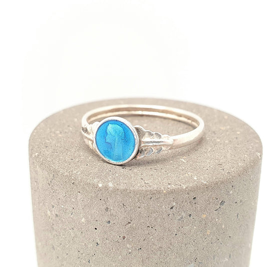 Antique Enamel Virgin Mary Ring Silver Plate Mother Mary Blue Religious Signet Catholic Christian Vintage 1910s Womens Jewelry Jewellery