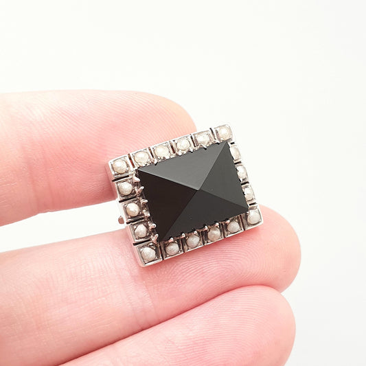 Antique Victorian Solid Silver Onyx Seed Pearl Brooch Rectangular Genuine Gemstone Black Quartz 1800s Vintage Womens Jewelry Jewellery