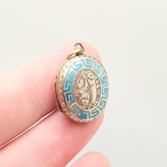 Antique Victorian 9ct 9k Gold Locket Greek Key Blue Enamel Necklace Pendant Solid Back & Front Deep Engraving Picture Jewelry Jewellery