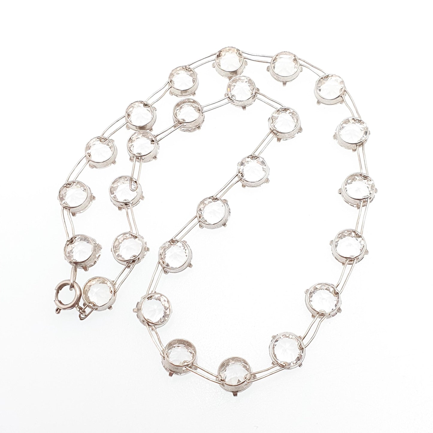 Antique Sterling Silver Diamond Paste Riviera Necklace Choker Large White Pastes Round Cut Art Deco Sparkly Womens Vintage Jewelry Jewellery
