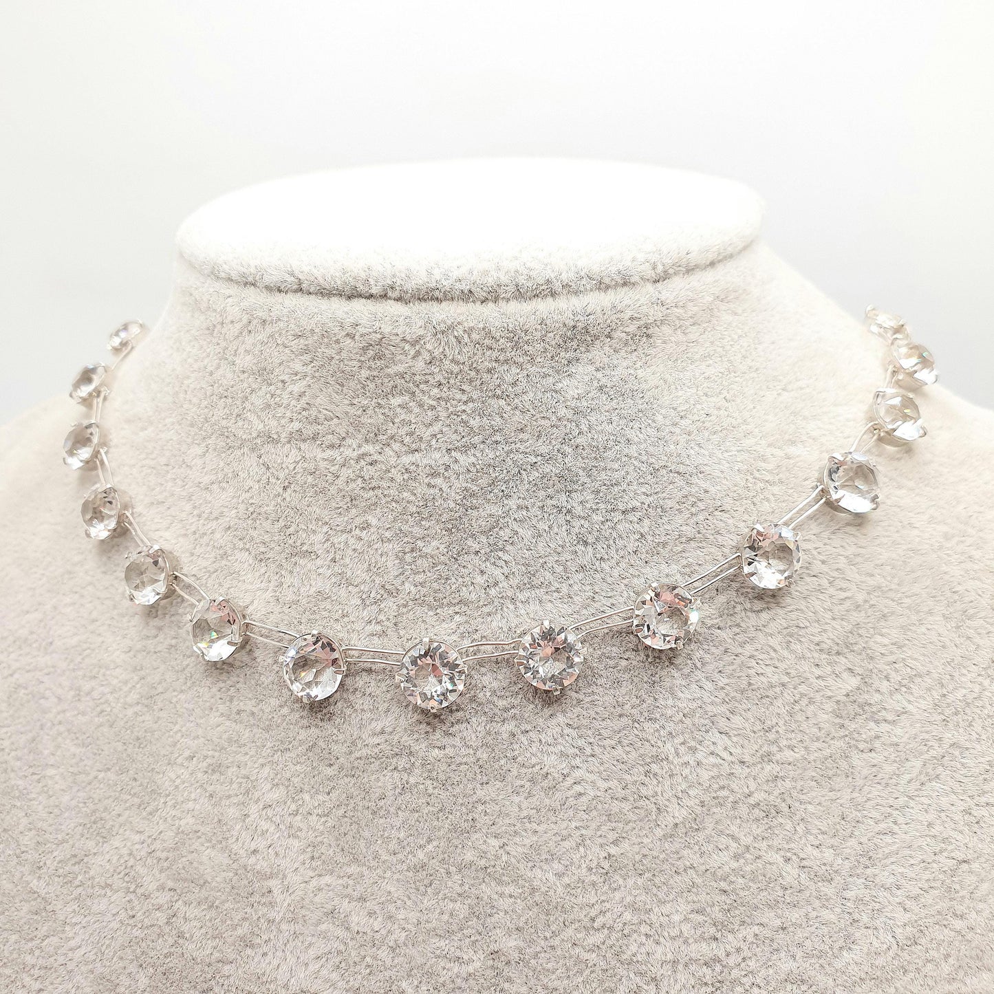 Antique Sterling Silver Diamond Paste Riviera Necklace Choker Large White Pastes Round Cut Art Deco Sparkly Womens Vintage Jewelry Jewellery