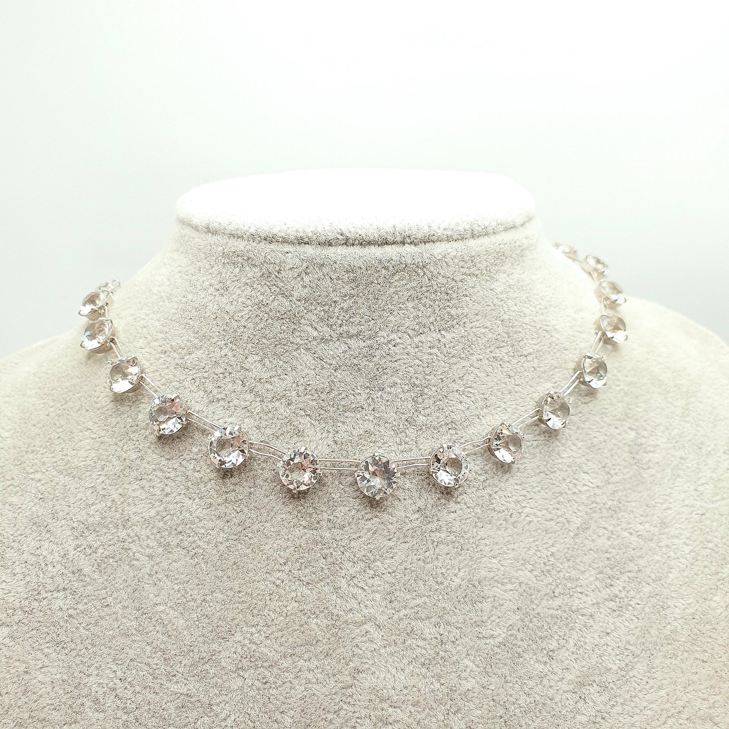 Antique Sterling Silver Diamond Paste Riviera Necklace Choker Large White Pastes Round Cut Art Deco Sparkly Womens Vintage Jewelry Jewellery