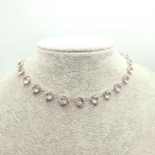 Antique Sterling Silver Diamond Paste Riviera Necklace Choker Large White Pastes Round Cut Art Deco Sparkly Womens Vintage Jewelry Jewellery