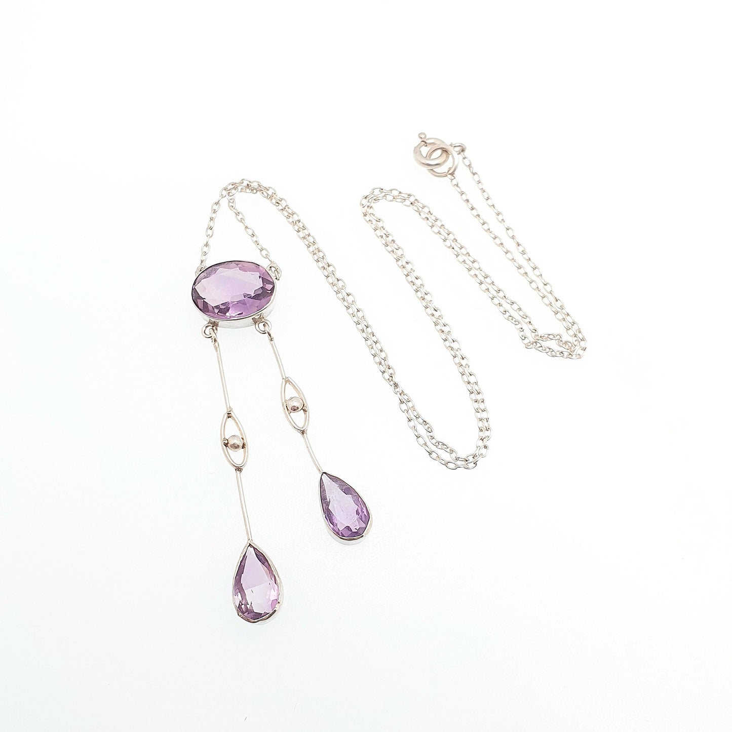 Antique Solid Silver Amethyst Negligee Necklace Lavalier Lariat Art Nouveau Natural Gemstones Hanging Pendant Womens Jewelry Jewellery