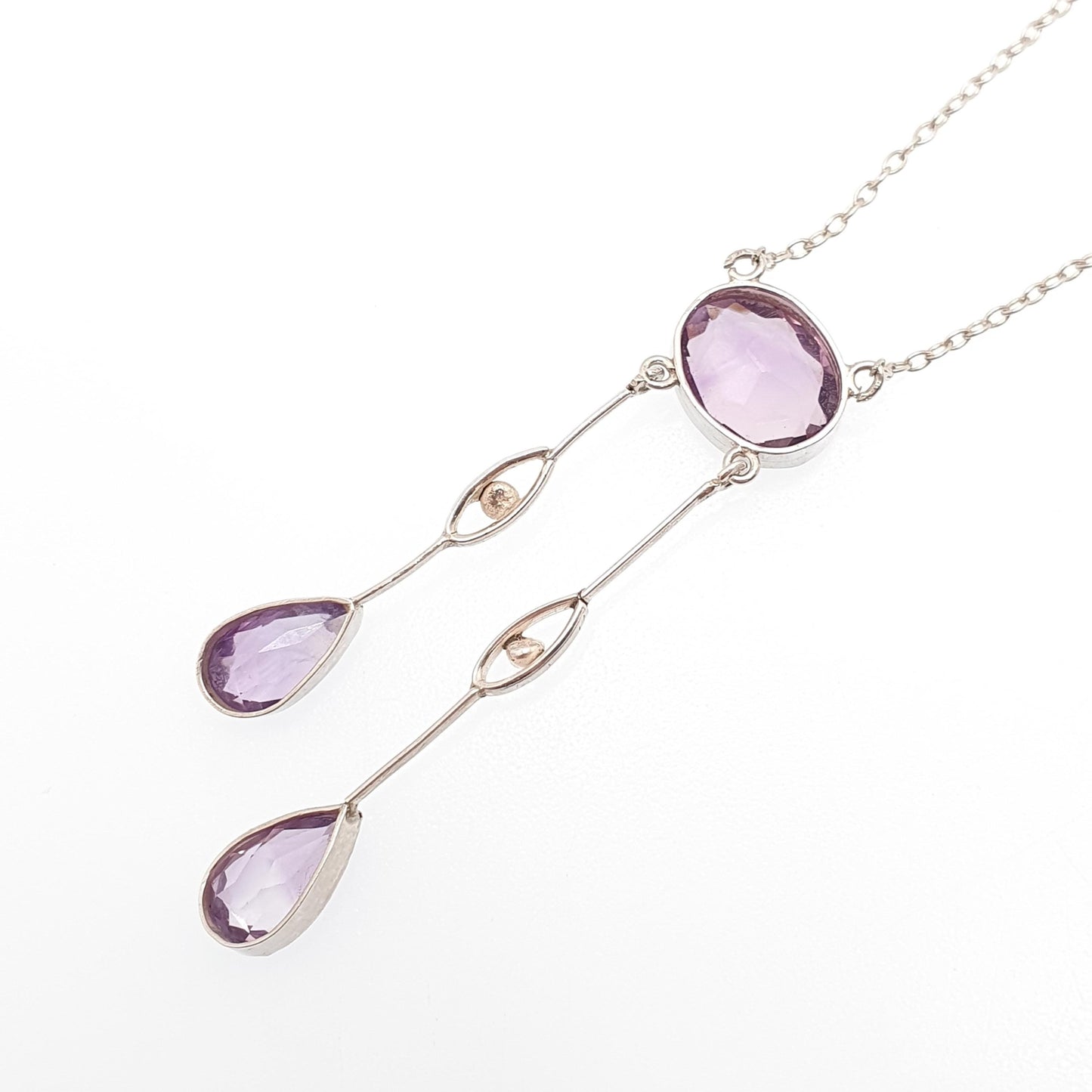 Antique Solid Silver Amethyst Negligee Necklace Lavalier Lariat Art Nouveau Natural Gemstones Hanging Pendant Womens Jewelry Jewellery