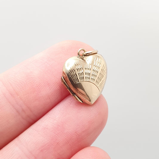 Antique 9ct 9k Gold Heart Locket Sunburst Art Deco Solid Yellow Gold Back & Front Small Tiny 1920s Necklace Photo Pendant Jewelry Jewellery