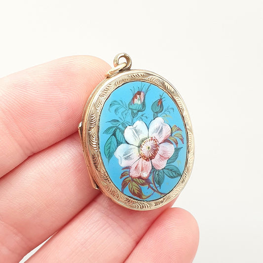 Antique Victorian 9ct 9k Gold Locket Enamel Flower Hand Painted Necklace Pendant Large Big Solid Back & Front Engraved Jewelry Jewellery