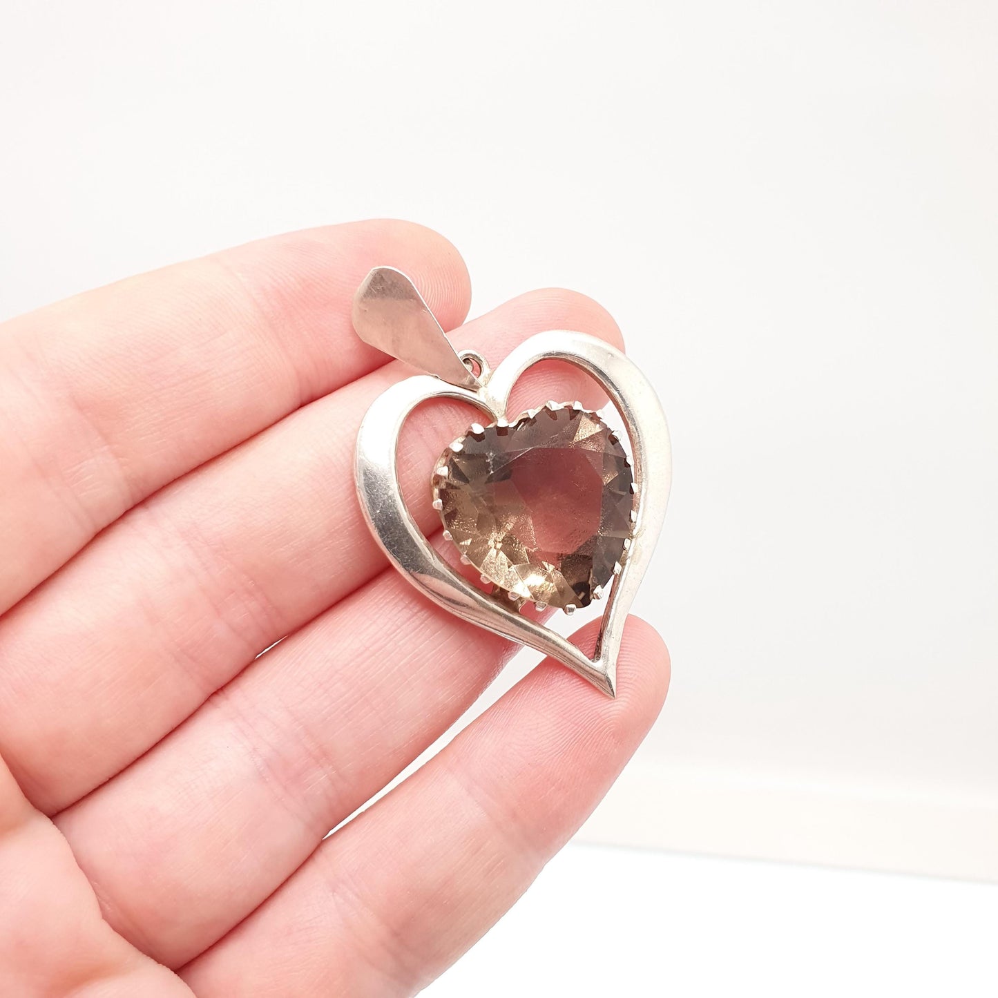 Vintage Solid Silver Smoky Quartz Heart Necklace Pendant Very Large Big Heart Cut Heavy Chunky Ladies Womens Jewelry Jewellery