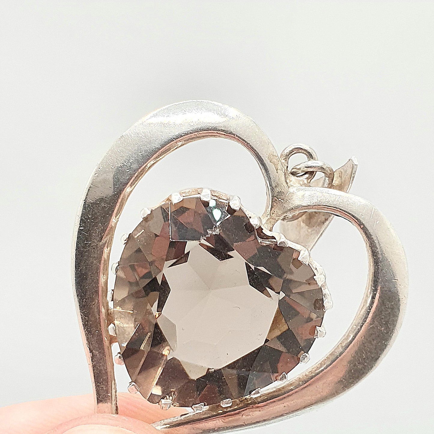 Vintage Solid Silver Smoky Quartz Heart Necklace Pendant Very Large Big Heart Cut Heavy Chunky Ladies Womens Jewelry Jewellery