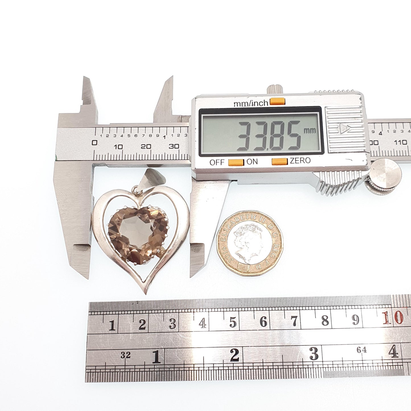 Vintage Solid Silver Smoky Quartz Heart Necklace Pendant Very Large Big Heart Cut Heavy Chunky Ladies Womens Jewelry Jewellery