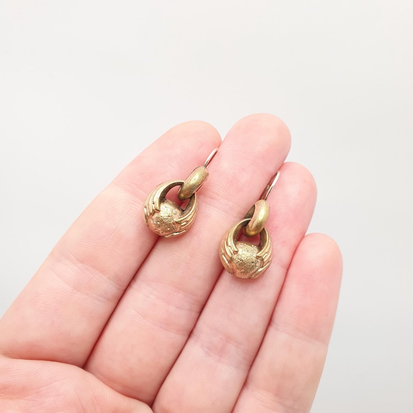 Antique Victorian Rolled Gold Hook Earrings Etruscan Bauble Engraved Gold Filled Genuine 1800s Vintage Womens Jewellery Jewelry