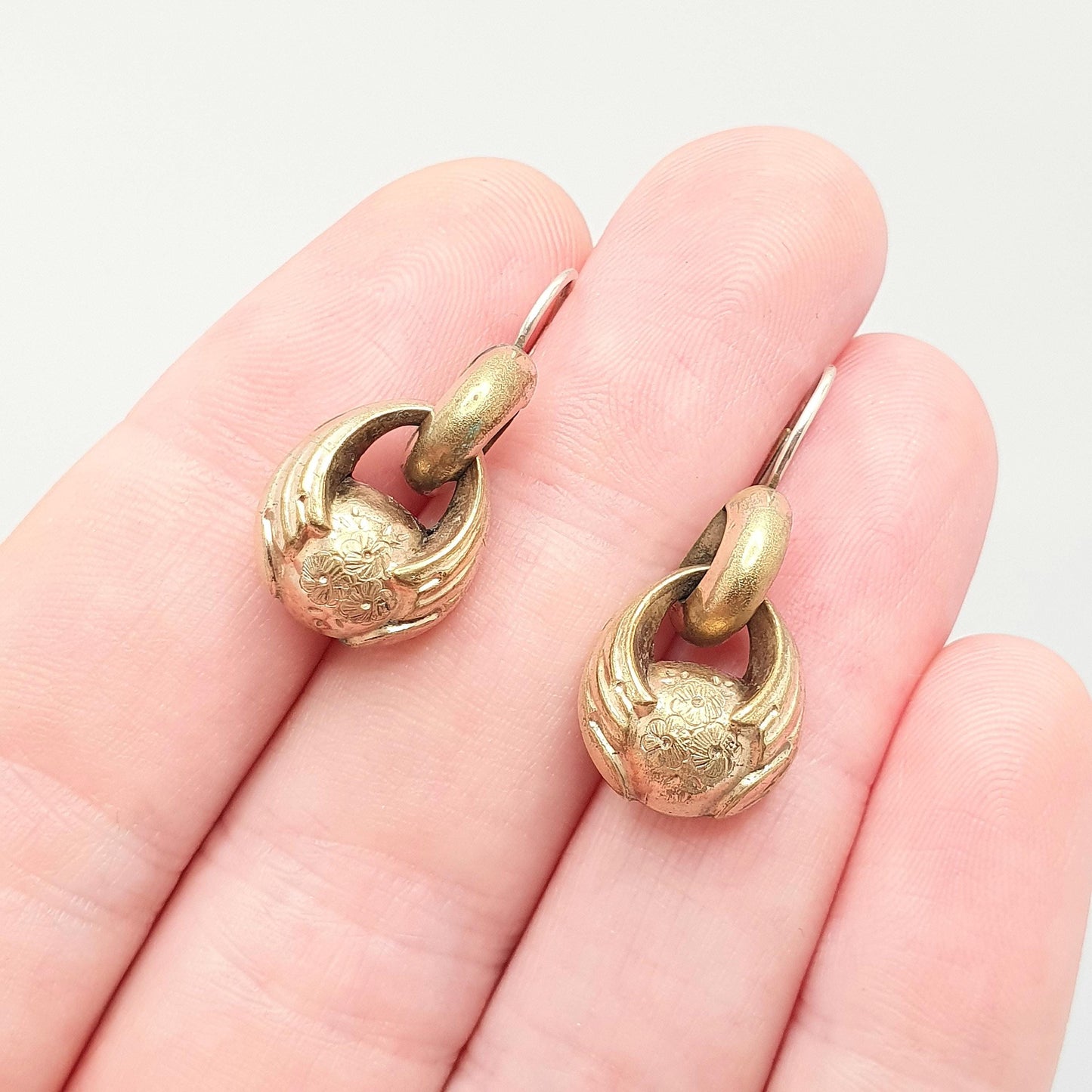 Antique Victorian Rolled Gold Hook Earrings Etruscan Bauble Engraved Gold Filled Genuine 1800s Vintage Womens Jewellery Jewelry