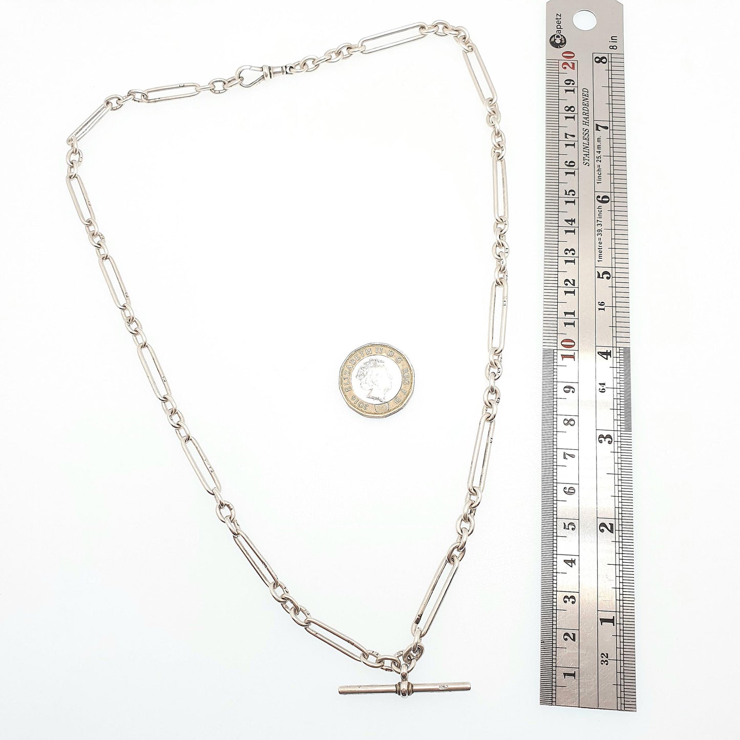 Antique Victorian Sterling Silver Staple Link T Bar Necklace Albert Chain Trombone Churchill Dog Clip 31.86g 56cm Long Old Vintage Jewelry