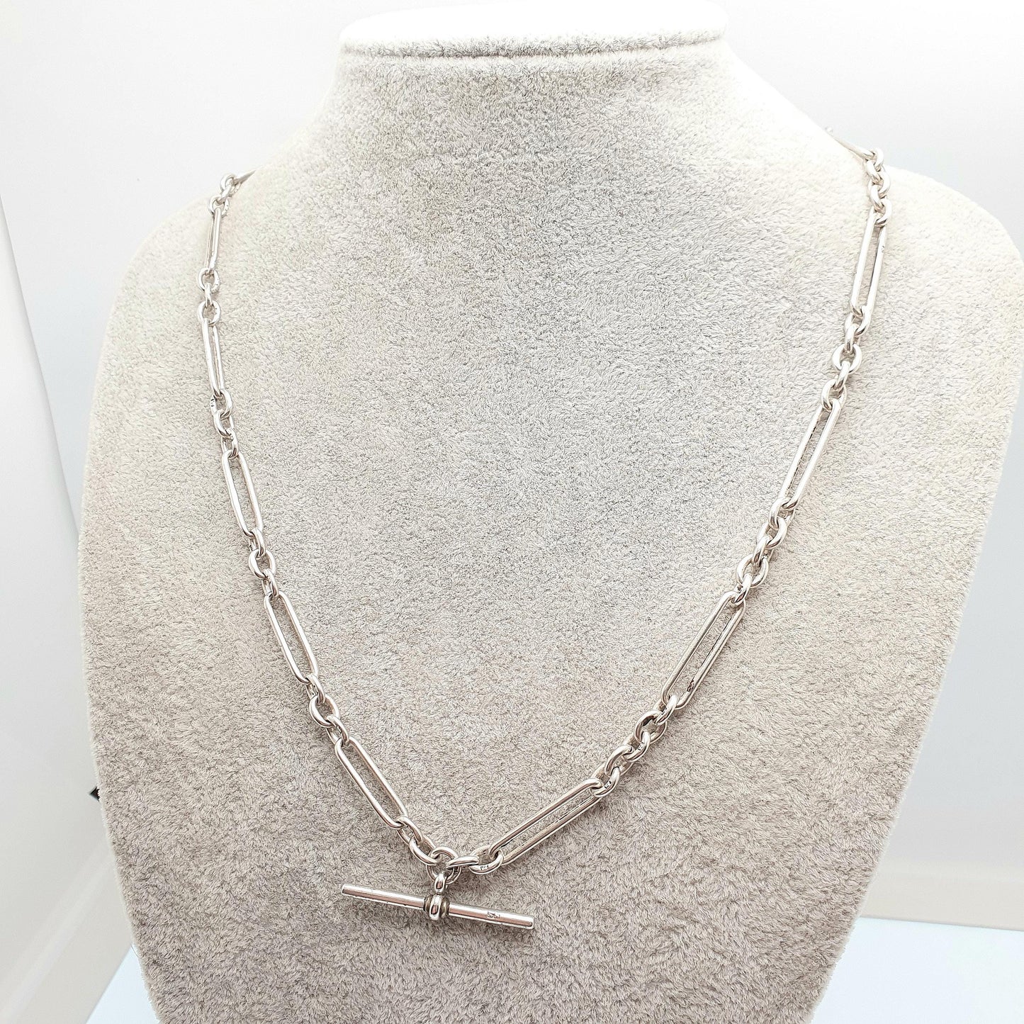 Antique Victorian Sterling Silver Staple Link T Bar Necklace Albert Chain Trombone Churchill Dog Clip 31.86g 56cm Long Old Vintage Jewelry