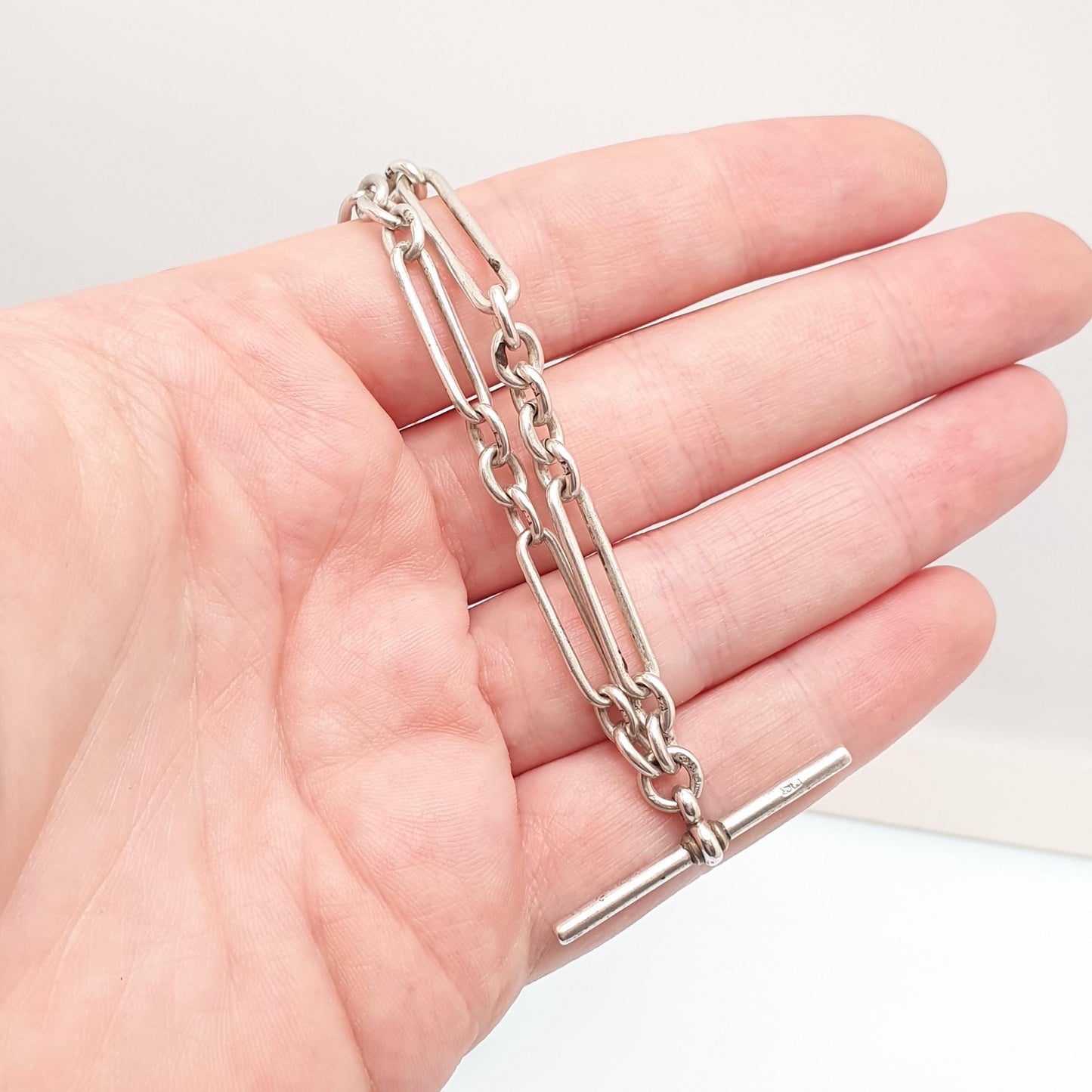 Antique Victorian Sterling Silver Staple Link T Bar Necklace Albert Chain Trombone Churchill Dog Clip 31.86g 56cm Long Old Vintage Jewelry