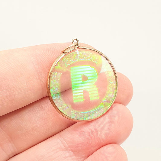 Vintage Holographic "R" R Initial Necklace Pendant Gold Plate Name Initials Glass Retro Rare Genuine Green Womens Jewellery Jewelry