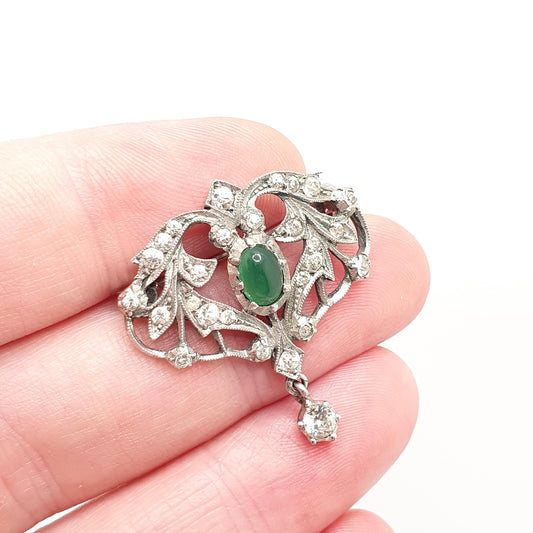 Antique Solid Silver Chrysoprase Brooch Diamond Paste Hanging Drop Art Nouveau Vintage Sparkly Oval Cut Ladies Womens Jewelry Jewellery