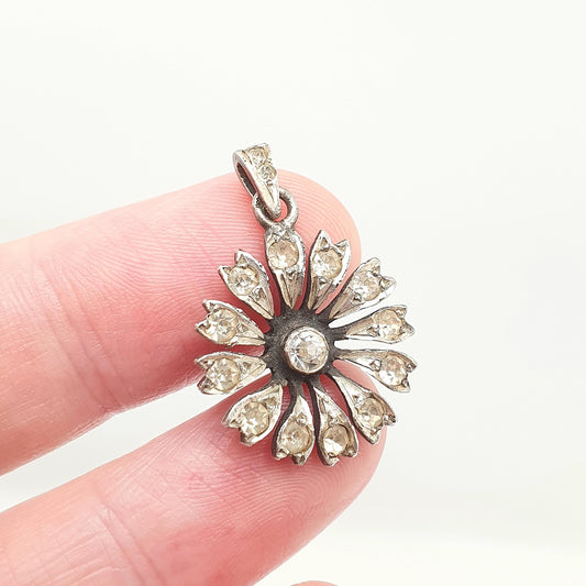 Antique Solid Silver Diamond Paste Flower Necklace Pendant Daisy Style 950 Floral Hanging Drop Womens Vintage Jewelry Jewellery