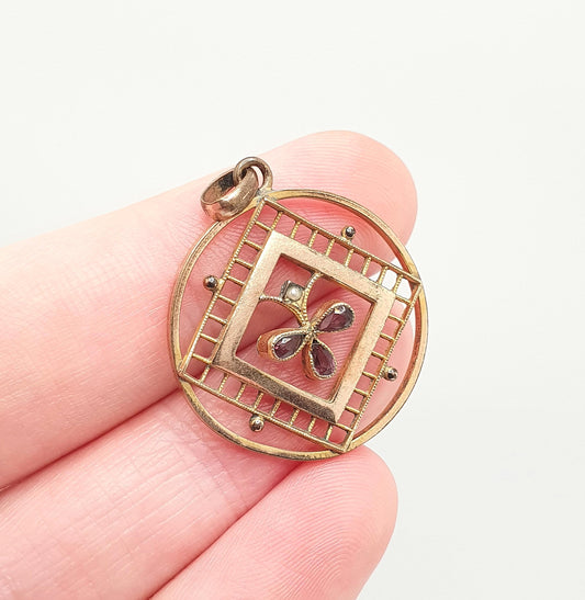 Antique Rolled Gold Amethyst Paste Necklace Pendant Seed Pearl Edwardian Art Nouveau Openwork Rose Gold Filled Vintage Jewellery Jewelry