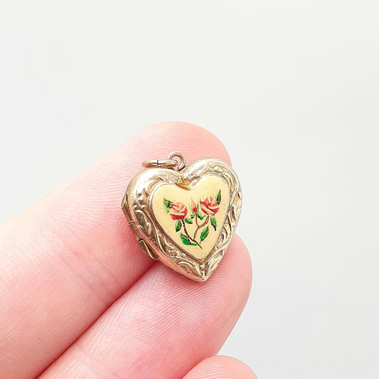 Antique 9ct Gold Heart Locket Enamel Flower Small Cute Engraved Solid 9k 375 Pendant Fine Back & Front Necklace Jewelry Womens Jewellery