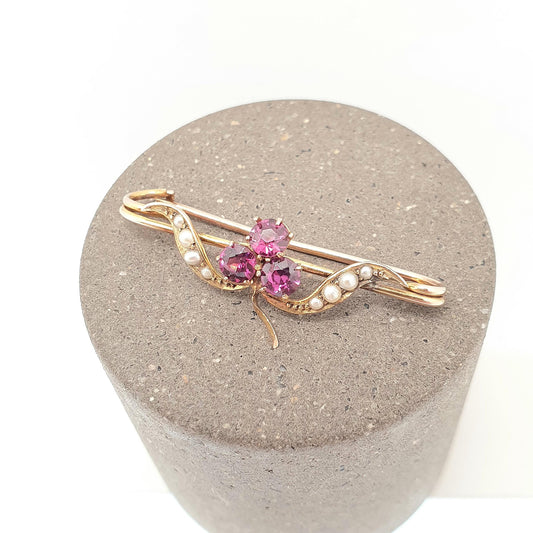 Antique 9ct 9k Gold Tourmaline Clover Brooch Seed Pearl Art Nouveau Edwardian Safety Pin Genuine Gemstone 375 9kt Jewelry Jewellery Vintage