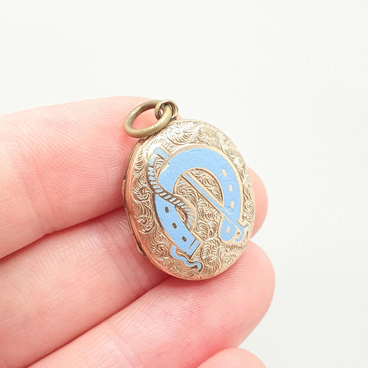 Antique Victorian 9ct 9k Gold Locket Horseshoe Sky Blue Enamel Necklace Pendant Solid Back & Front Good Luck Lucky Womens Jewelry Jewellery